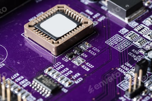 Preview: Close-up view of a purple circuit board with microchips and electronic components during assembly
