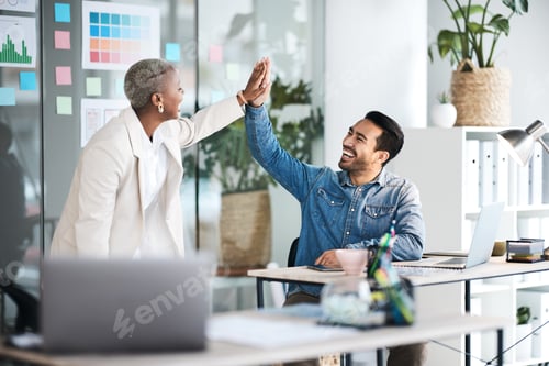 Preview: High five, happiness and business people celebrate teamwork, website design achievement or company