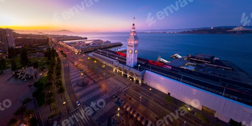 Preview: San Francisco Skyline and Ferry Building at Night with City Lights