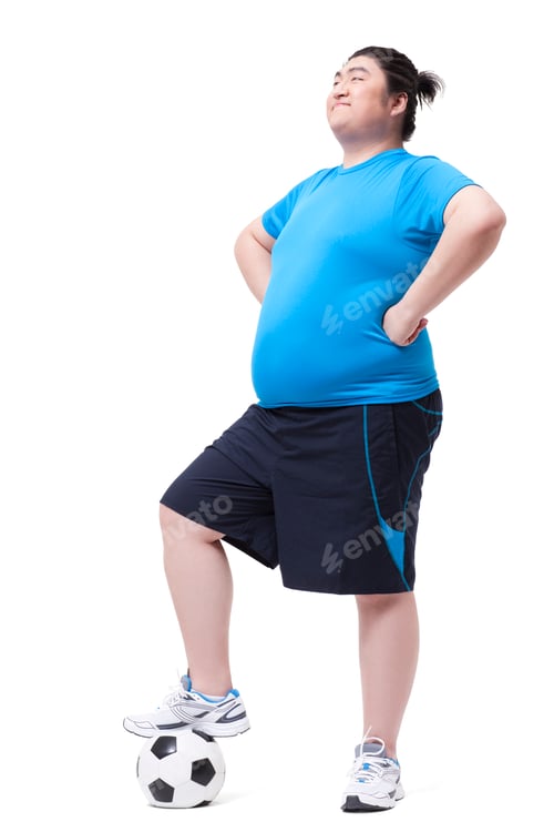 Preview: Cheerful Chubby man with foot on football