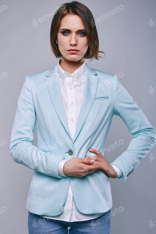 Preview: Fashion Portrait Of Young Elegant Woman In Azure Man Jacket In Studio