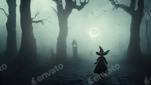 Preview: Halloween themed child in a spooky, misty forest.