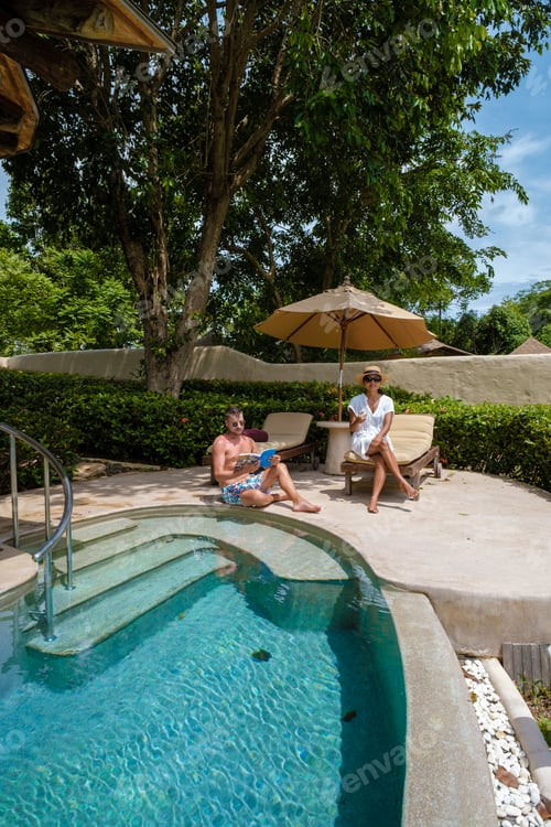 Preview: couple men and women on a luxury vacation at a pool villa