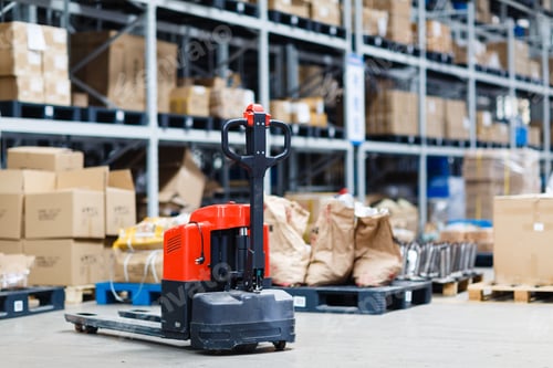 Preview: Modern warehouse with shelves of goods and hand pallet truck jack. Background with copy space