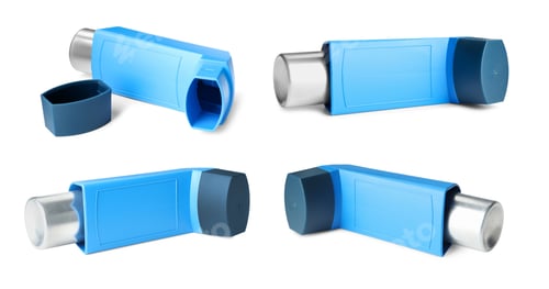 Preview: Inhaler isolated on white, collage. Asthma treatment