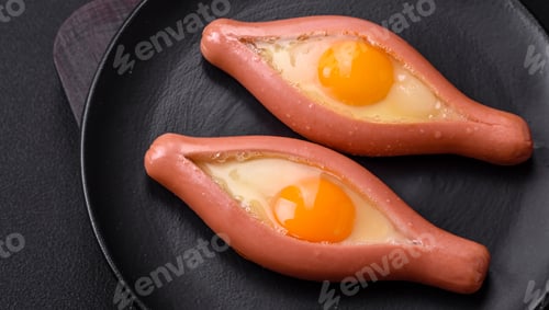 Preview: Composite concept of fried eggs inside a cut sausage with spices