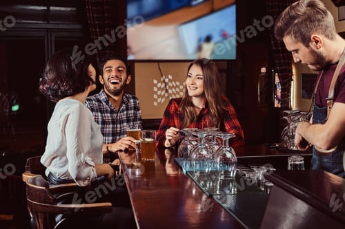 Preview: Group of happy multiracial friends resting and talking at bar or pub.