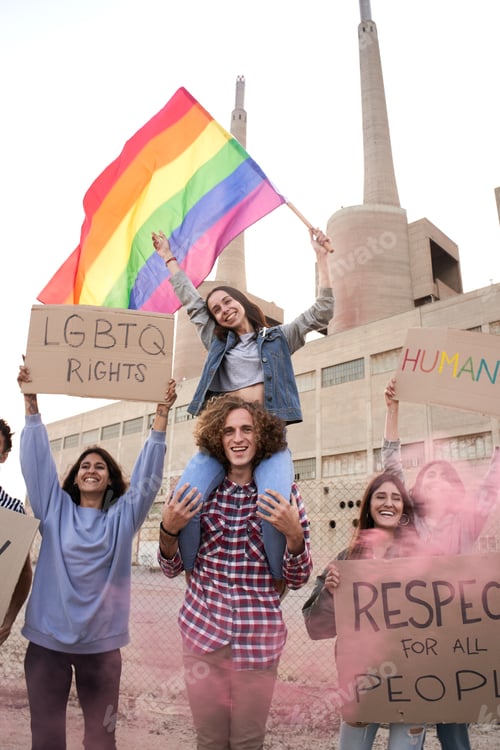 Preview: Vertical photo of cheerful gay pride and LGBT demonstration