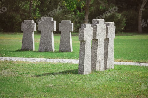 Preview: cemetery with identical old memorial headstones placed in rows