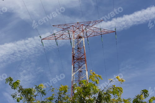 Preview: Low angle shot of electric power transmission under the blue sky, Istanbul, Turkey