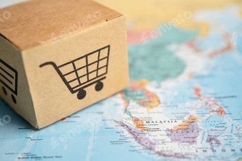 Preview: Box with shopping online cart logo on Asia map, Import Export Shopping online or commerce