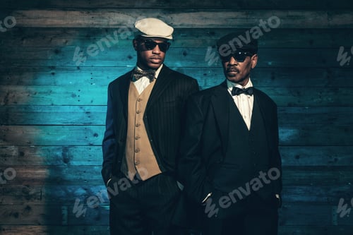 Preview: Two Vintage African American Gangsters In Front Of Old Wooden Wall. Wearing Black Sunglasses With