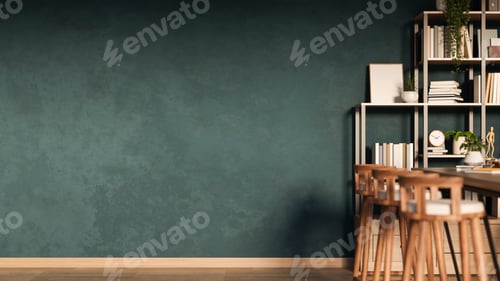 Preview: Wooden stool chairs and table across bookshelf and dark grey green wall in a living room or library.