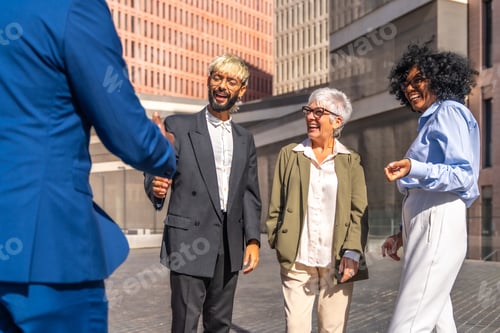 Preview: Multi-ethnic group of business people shaking hands when arrive