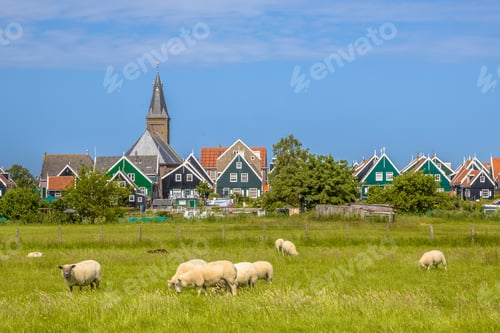 Preview: Traditional dutch Village scenery with colorful wooden houses and church