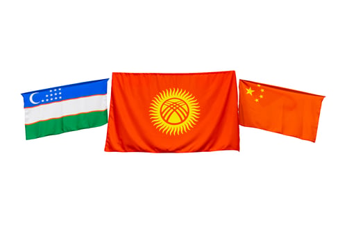 Preview: China, Kyrgyzstan and Uzbekistan flags on a white background