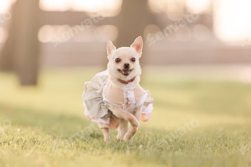 Preview: Small chihuahua dog in a dress stands in a field