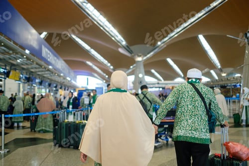 Preview: Travelers in traditional attire navigate through an international airport terminal with