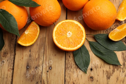 Preview: Fresh ripe oranges and leaves on wooden table, flat lay. Space for text