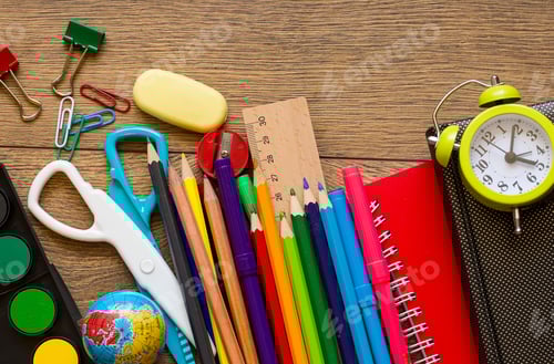 Visualização: School and office equipment. Colorful stationery background.
