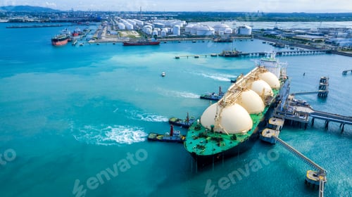 Preview: LNG (Liquefied natural gas) tanker anchored in Gas terminal gas tanks for storage.