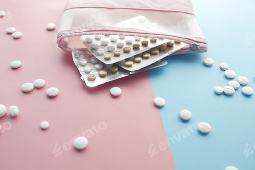 Preview: birth control pills on color background, close up