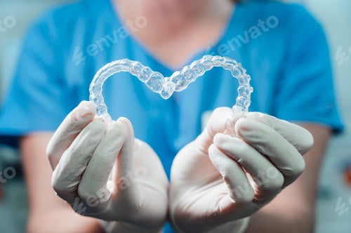 Preview: Female doctor holding two transparent heart-shaped dental aligners