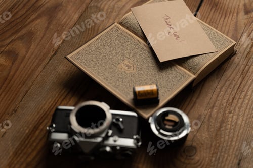 Preview: Retro analog camera, old brown book and postcard saying Thank you on a wooden table