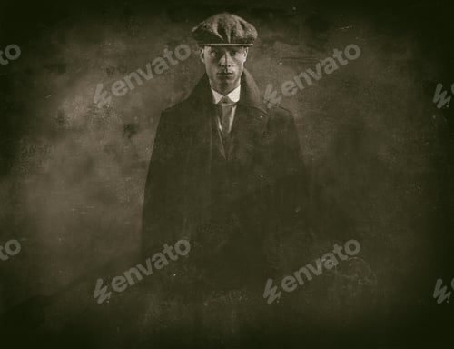 Preview: Antique Wet Plate Photo Of Threatening 1920S English Gangster In Smoky Room.