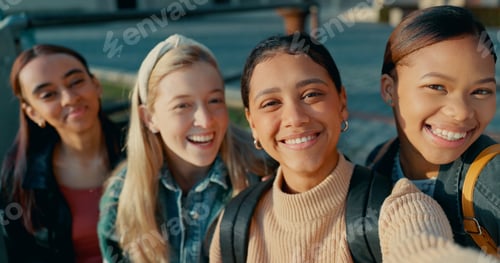 Preview: Happy, women and portrait with selfie at campus for education, learning and memory at university. F
