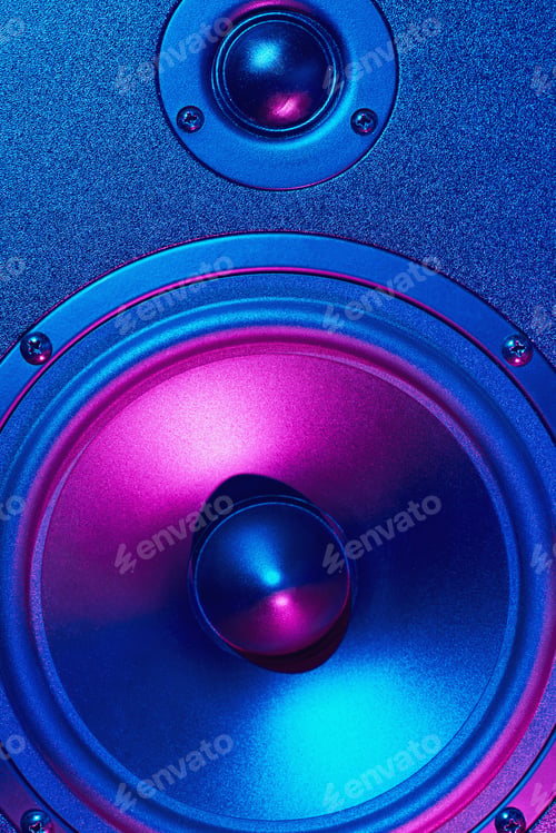 Preview: Sound audio speaker with neon lights. Dynamic monitor close up. Creative backgroound