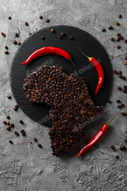 Preview: African continent made of coffee beans on gray textured background