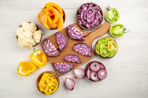 Preview: top view chopped red cabbage on wood board cut pupmkin cut green tomatoes cut yellow bell peppers
