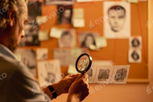 Preview: in the detective's office middle-aged investigator in a shirt and tie examines with a magnifying