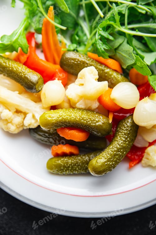 Preview: vegetable pickled salad cucumber, gherkin, carrot, onion, cauliflower, pepper appetizer meal food