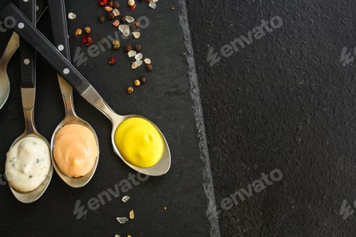 Preview: Sauces, Portion Serving (Ingredients And Dressing To Main Dishes). Top View. Copy Space