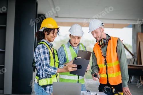 Preview: Construction Workers Reviewing Plans at Building Site