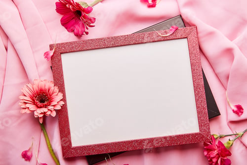 Preview: Pink empty floral flat lay frame among gerberes, asters arrangement with copy space.
