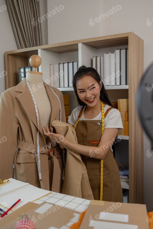 Preview: female fashion designer is explaining about her designs to customer watching her live