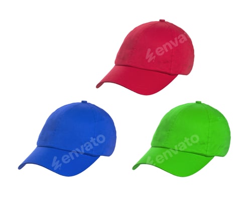 Preview: green, blue and red baseball caps is isolated on a white