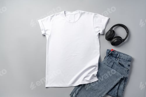 Preview: Cotton T-shirt and jeans on gray background top view