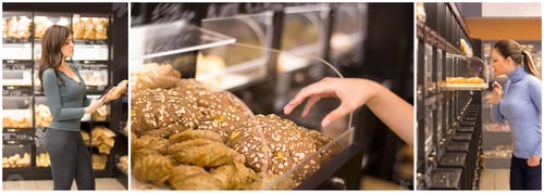 Preview: Collage Of Woman Chooses Bread At Supermarket. Concept Of Conscious Choice Of Quality Products