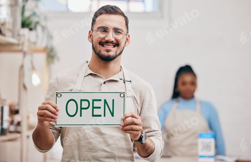 Preview: Open, sign and man with small business or restaurant happy for service in a coffee shop, cafe or st