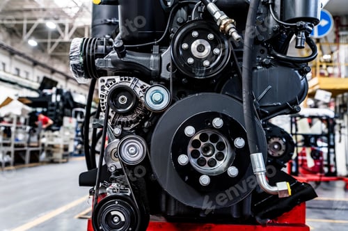 Preview: Close-up of combustion engine on the modern tractor factory