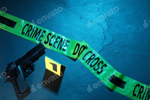 Preview: Forensic expertise. Crime scene tape and gun on color background, flat lay. Space for text