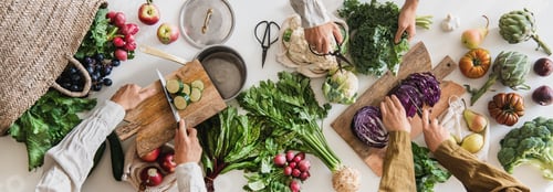 Preview: Fall vegetable vegetarian cooking background with greens and fruits