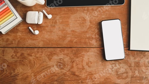 Preview: Mockup smartphone and true Wireless with gadget on wooden table, Top view table.