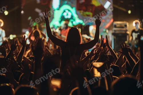Preview: Silhouette of a woman with raised hands on a concert