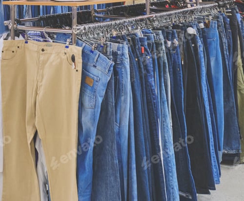 Preview: Jeans on hangers, second hand clothing.