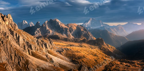 Preview: Colorful panoramic landscape with rocks, orange grass and trees